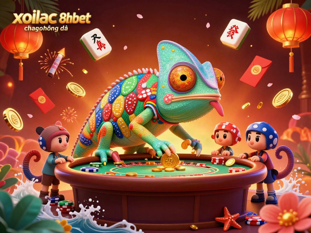 Engage in the vibrant world of xoilac 8xbet trực tiếp bóng đá, featuring a chameleon casino owner surrounded by dynamic game elements.