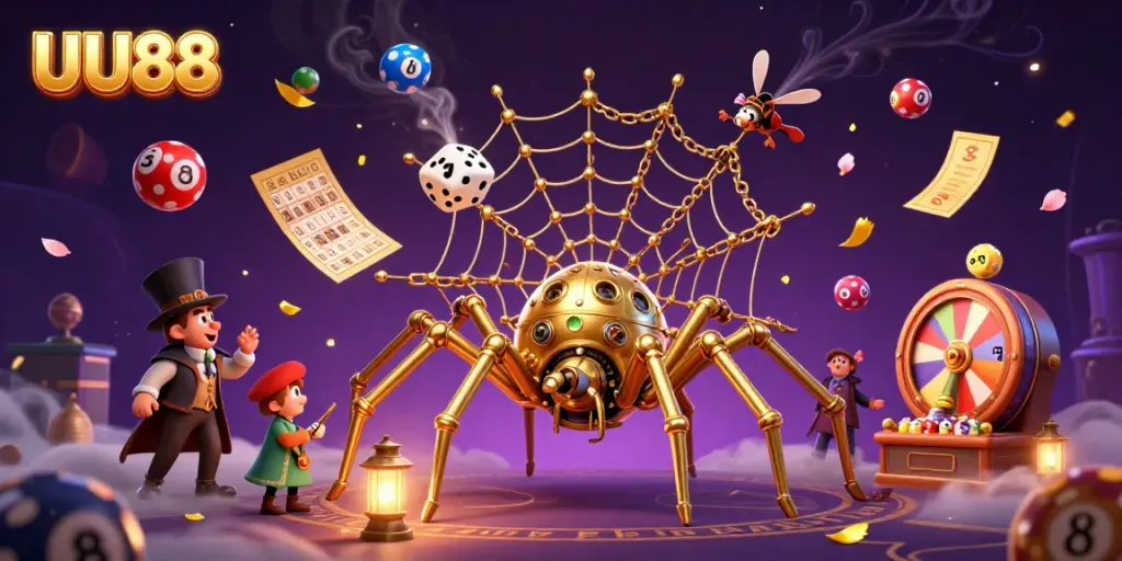 UU88 captivates with a dynamic casino scene featuring a golden spider and colorful lottery elements.