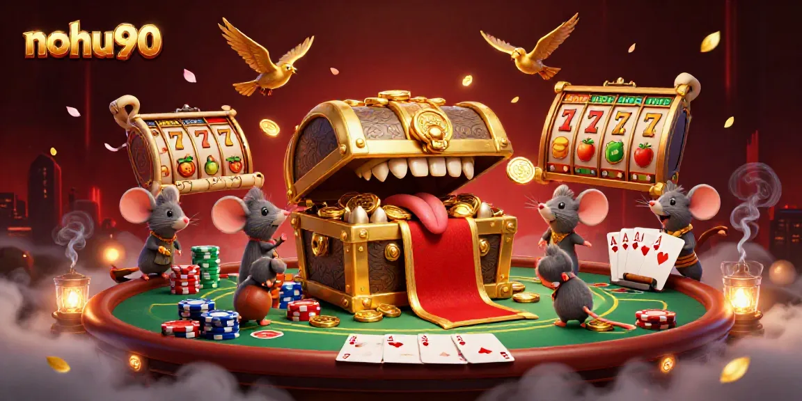 Experience the thrilling nohu90 casino adventure with a vibrant 3D scene featuring slots, chips, and treasure.