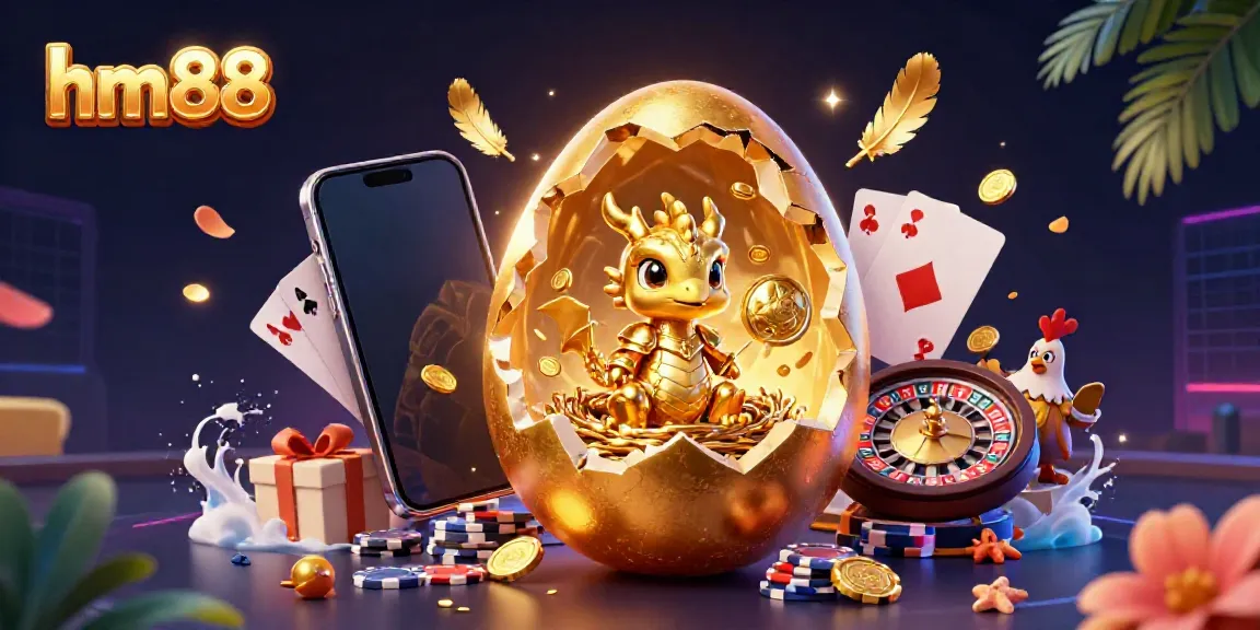Engage with exciting casino action at HM88, featuring a baby dragon and golden poker chips.