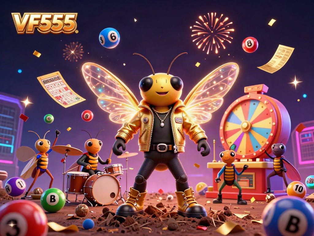 Experience the excitement of VF555 with a vibrant 3D scene of a rock star cicada in a dynamic casino atmosphere.
