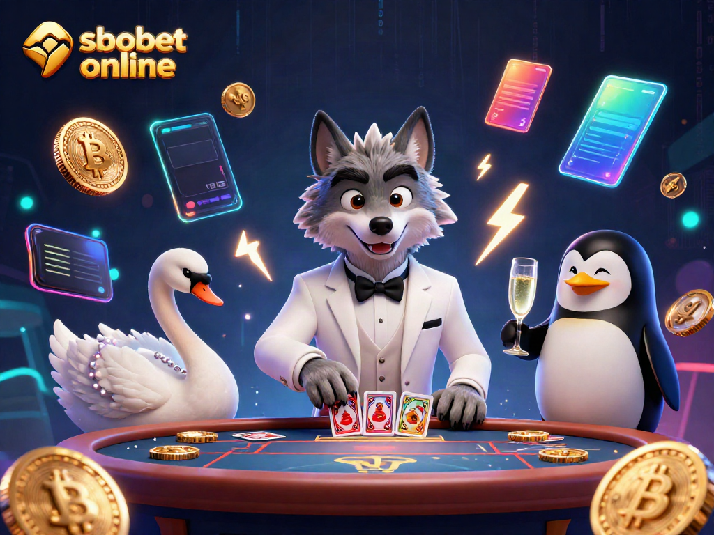 Place bets and win with sbobet online, featuring unique characters at a baccarat table.