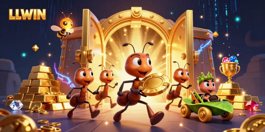 LLWIN showcases a thrilling scene of cartoon ants in a heist, emphasizing excitement and high-stakes gambling.