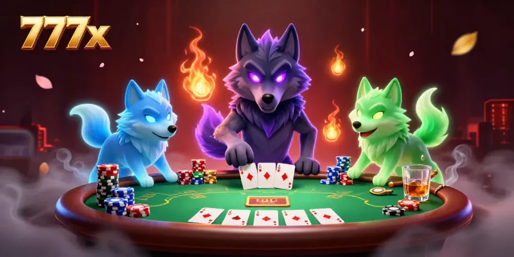 Engage with 777x in this vibrant poker scene featuring dynamic wolf characters and casino elements.