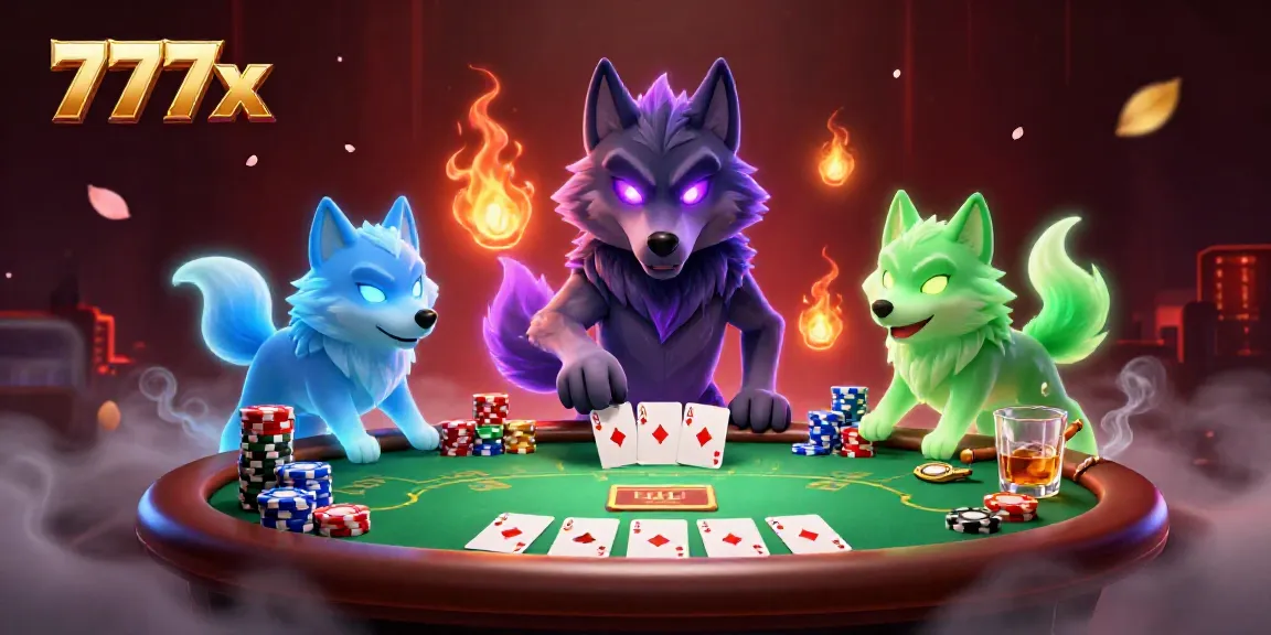 Engage with 777x in this vibrant poker scene featuring dynamic wolf characters and casino elements.