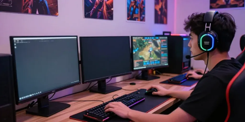 Situs Super33 gaming session with player engaged, RGB-lit atmosphere, detailed gaming peripherals.