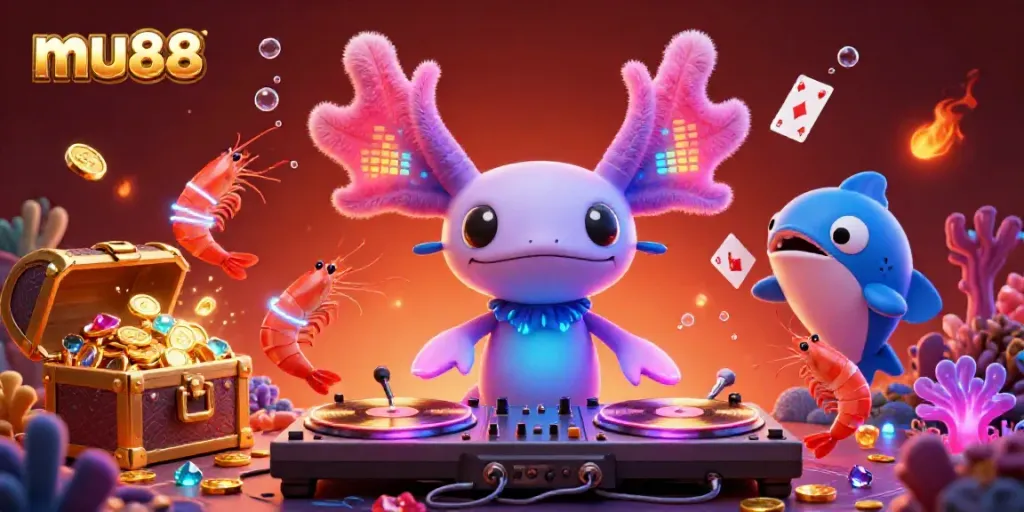Engaging scene showcasing mu88's online casino fun with a vibrant axolotl DJ and lively underwater elements.
