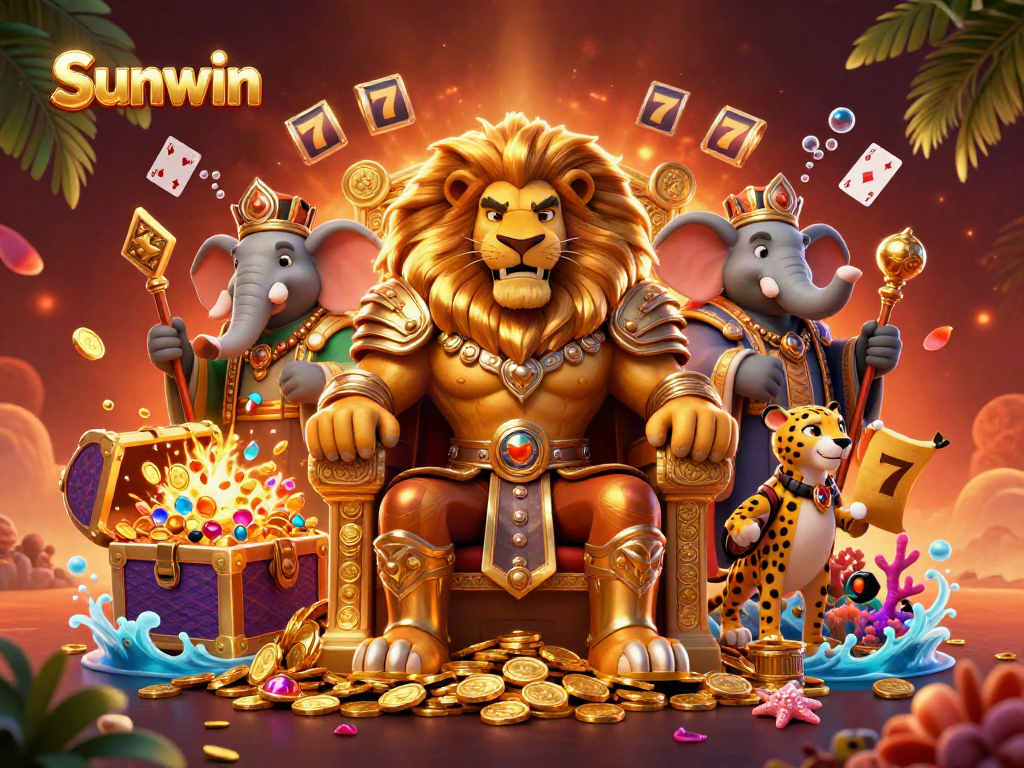 Experience the thrill of Sunwin with a vibrant 3D illustration of a lion king, elephant, and cheetah in a dynamic casino setting.