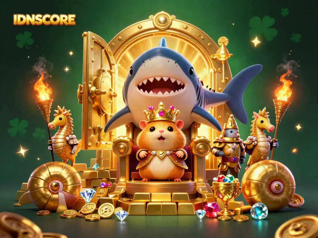 Experience excitement at IDNSCORE featuring a golden hamster king on a megalodon throne amidst treasures.