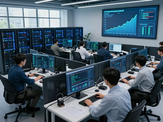 AI data center bustling with engineers analyzing server performance and token processing metrics in a high-tech environment.