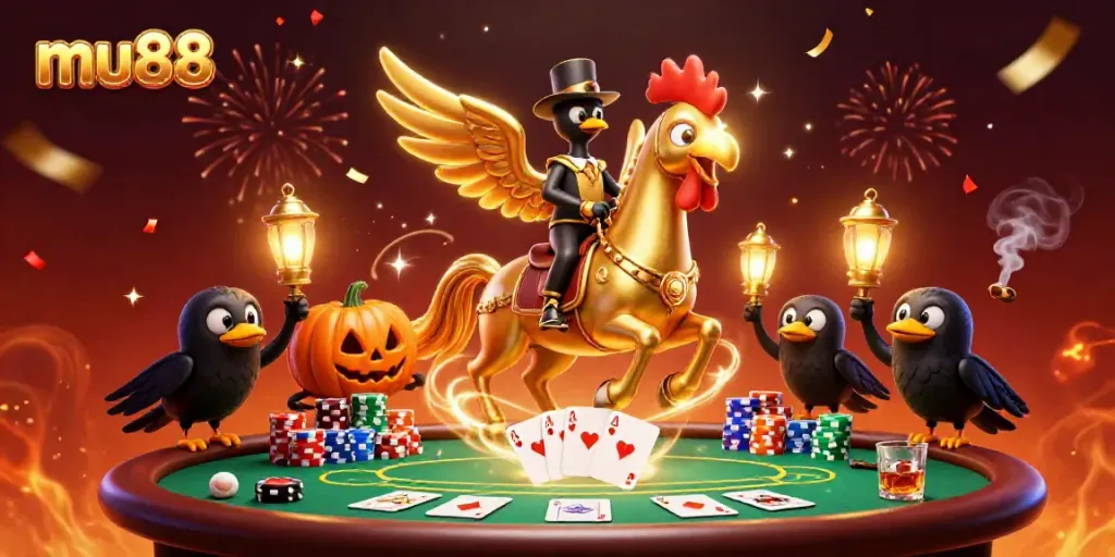 Experience the excitement of mu88 with a golden rooster and spooky crows amidst casino action.