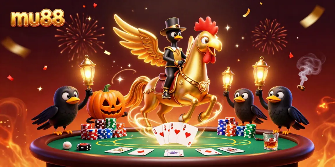 Experience the excitement of mu88 with a golden rooster and spooky crows amidst casino action.