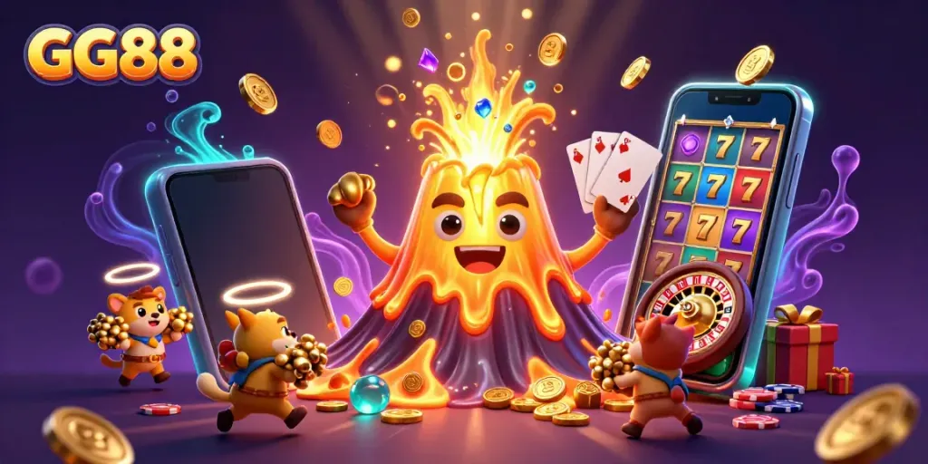Experience the thrilling GG88 casino with golden volcanoes and treasure in an immersive 3D scene.