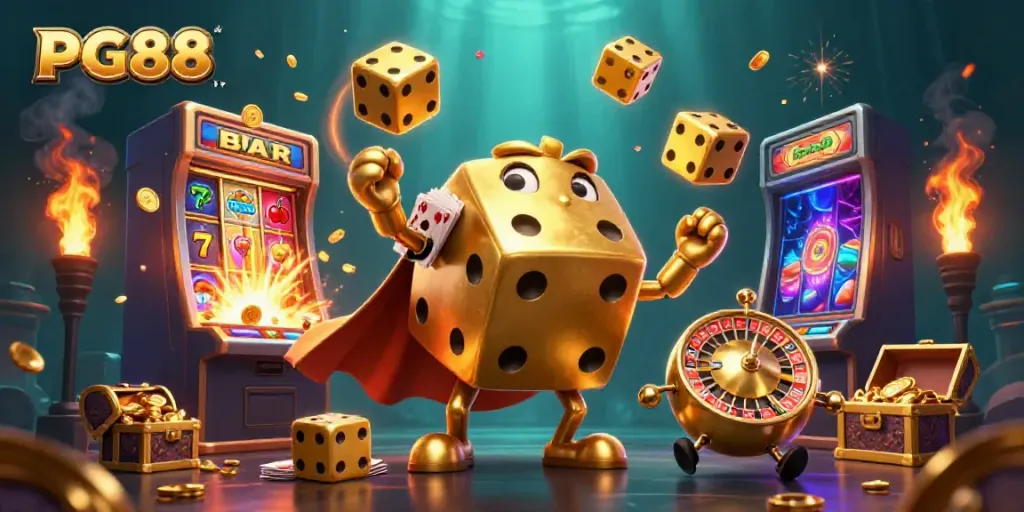 Experience PG88's excitement with a dynamic casino scene featuring golden dice and slot machine jackpots.