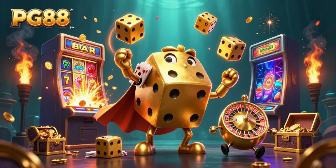 Experience PG88's excitement with a dynamic casino scene featuring golden dice and slot machine jackpots.