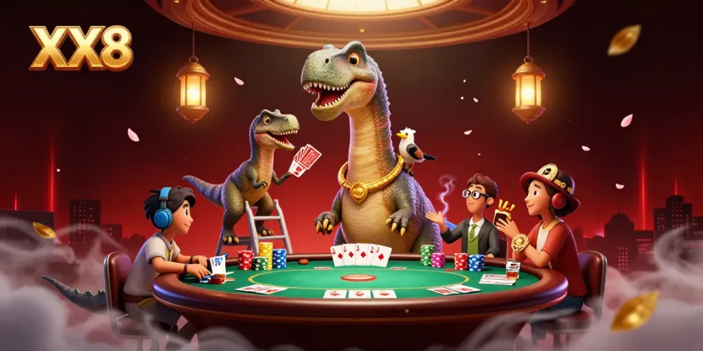 Experience the thrill of poker with XX8, as a giant brontosaurus oversees an intense game.