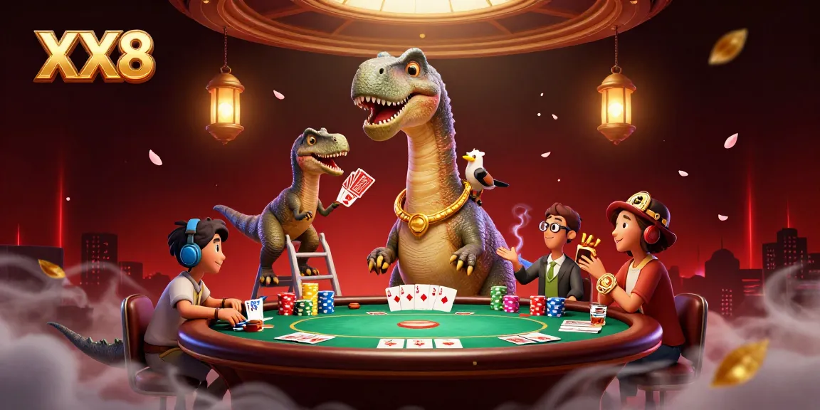 Experience the thrill of poker with XX8, as a giant brontosaurus oversees an intense game.