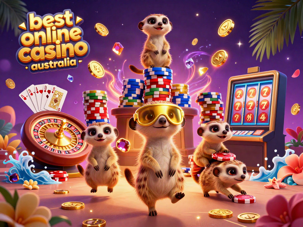 A captivating 3D illustration of meerkats managing a casino, highlighting the best online casino Australia experience.
