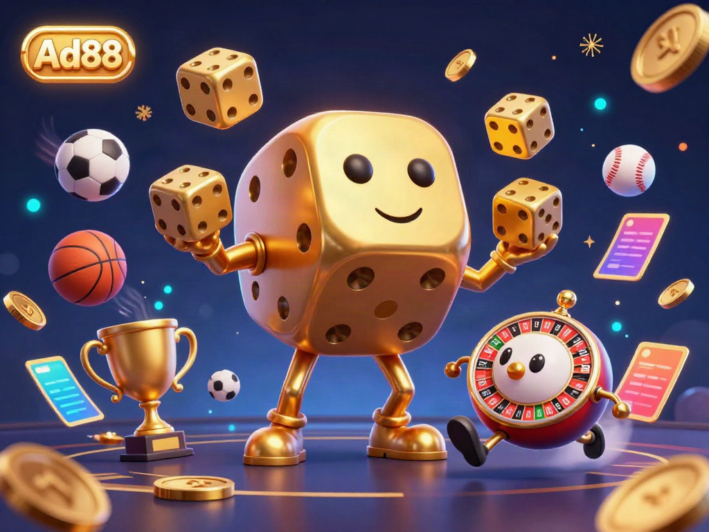Experience the thrill of Ad88 with a vibrant 3D casino scene featuring a dynamic golden dice golem and sports elements.