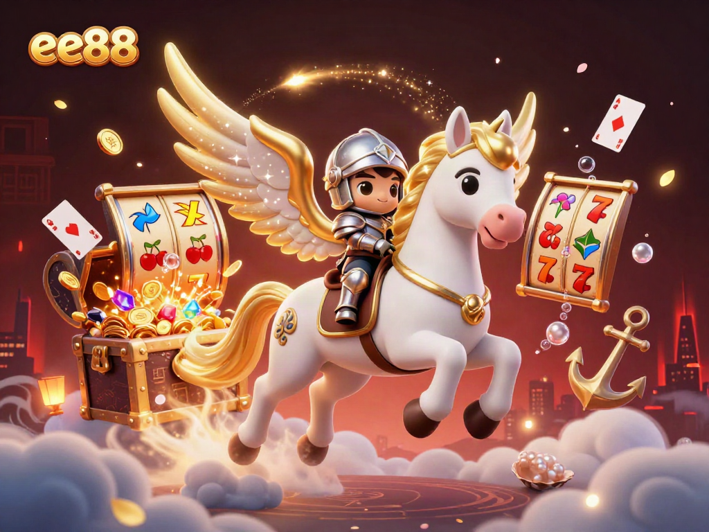 Experience the excitement of ee88 with a celestial horse and knight amidst vibrant gaming elements.