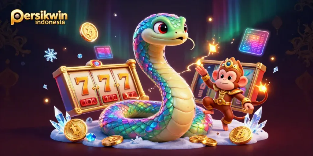 Gambarkan persikwin indonesia dalam ilustrasi kasino 3D dengan naga pelangi dan raja monyet.