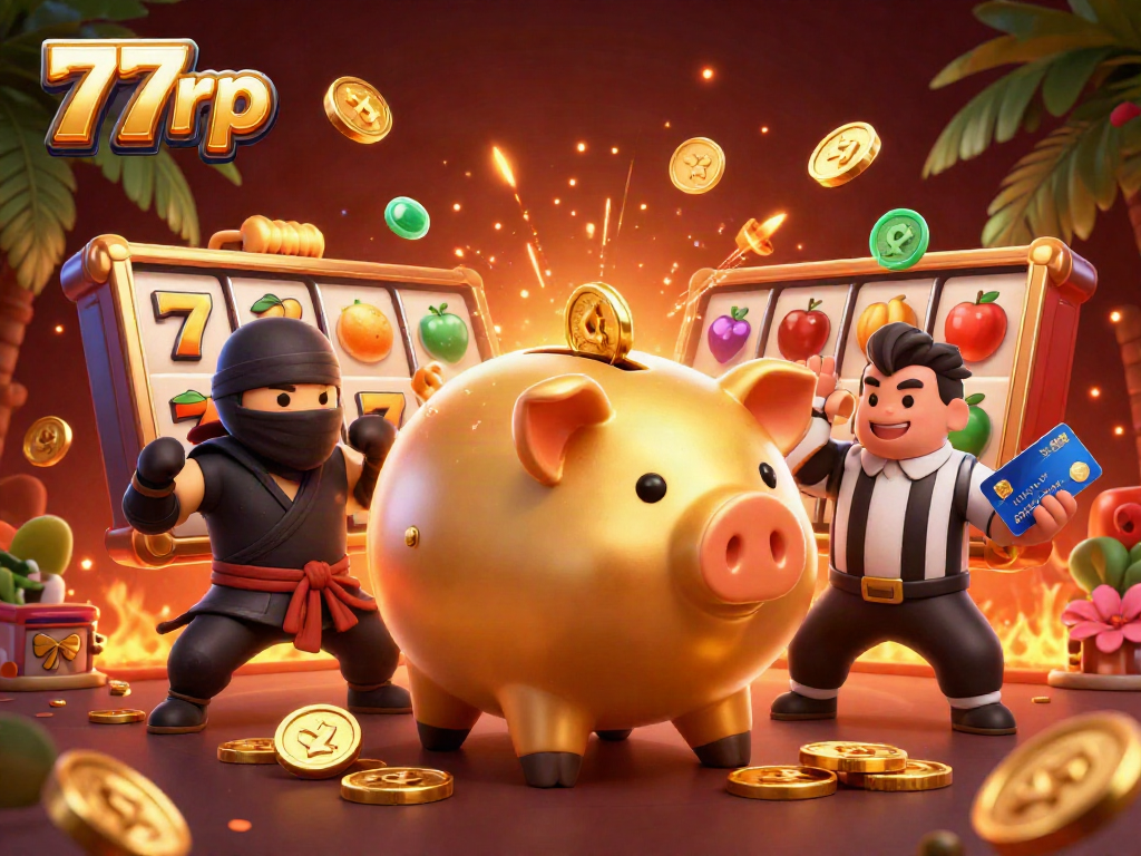 Engage in thrilling casino action with 77rp’s dynamic gaming scene featuring vibrant characters and symbols.