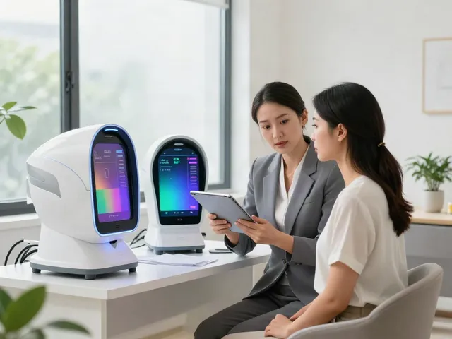 Consultant showcasing alternatives to QOVES in a modern beauty analysis studio.