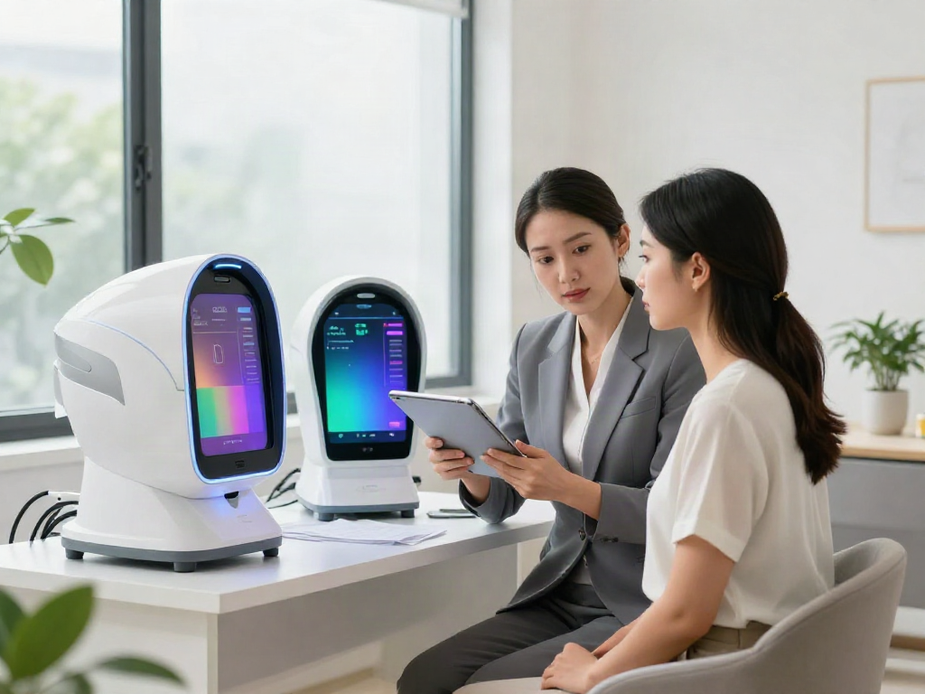 Consultant showcasing alternatives to QOVES in a modern beauty analysis studio.