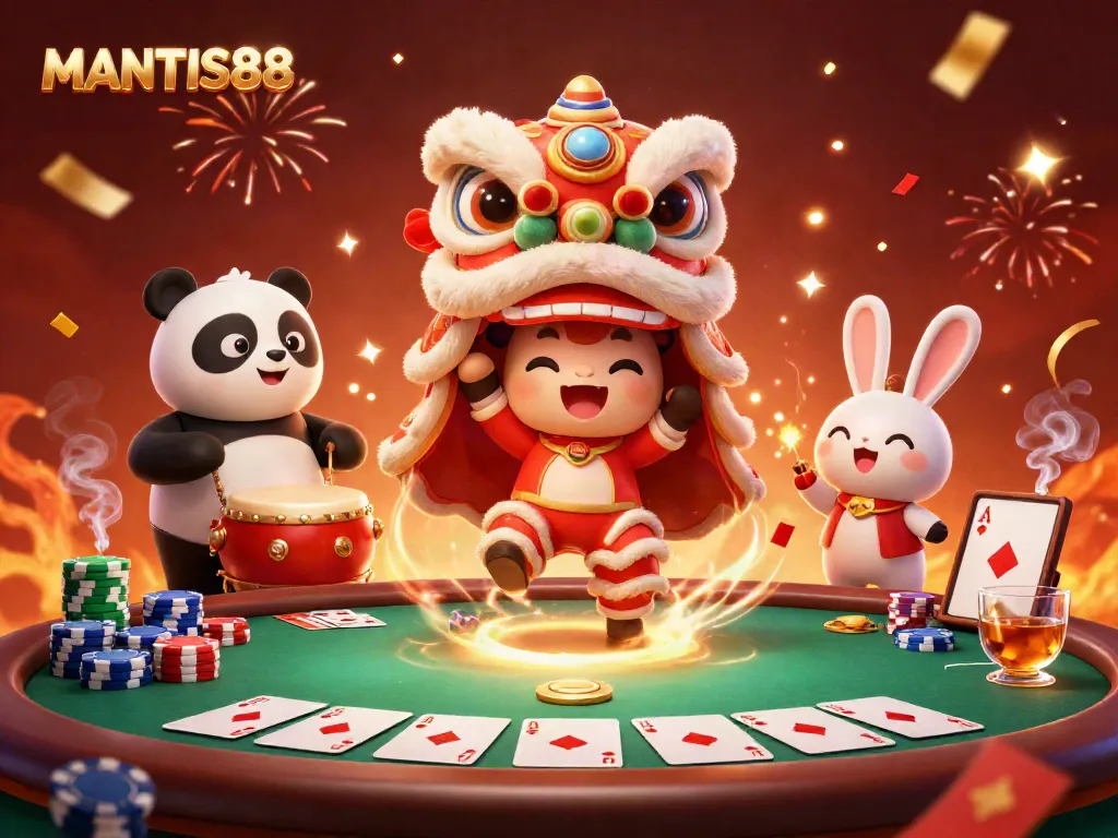 Experience MANTIS88, where the vibrant lion dance meets festive poker action in a dazzling casino-themed illustration.