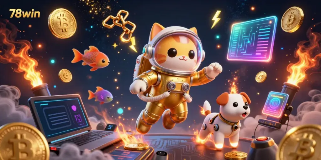 Experience thrilling gaming with 78win, featuring a dynamic cosmic scene with a golden astronaut cat.