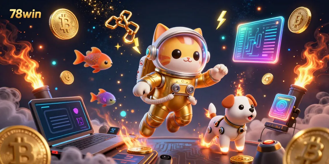 Experience thrilling gaming with 78win, featuring a dynamic cosmic scene with a golden astronaut cat.
