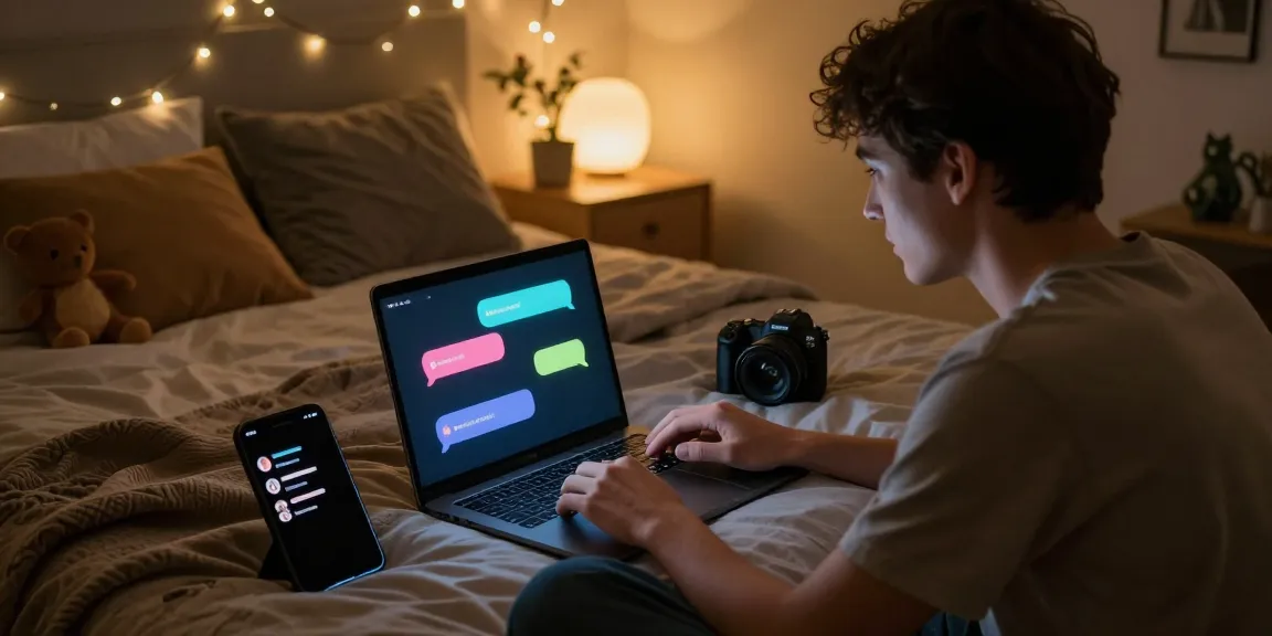 Engaging in AI sex chat on laptop in a cozy bedroom environment.
