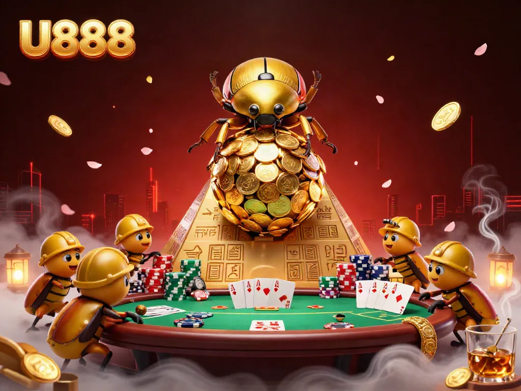 U888 illustrates the excitement of gambling with a golden beetle rolling coins and vibrant casino elements.
