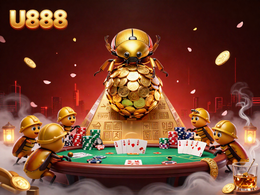 U888 illustrates the excitement of gambling with a golden beetle rolling coins and vibrant casino elements.