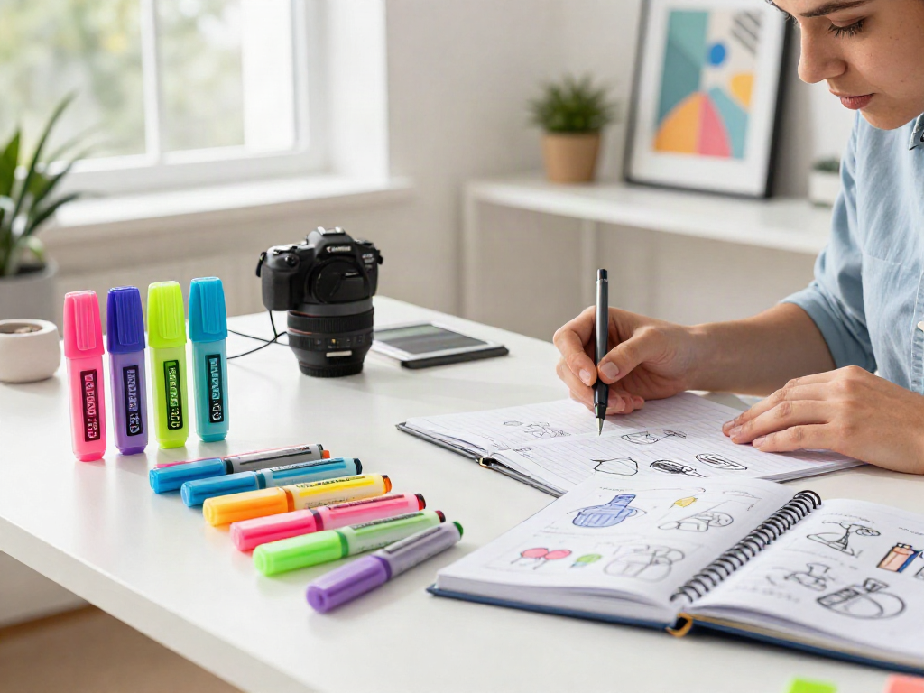 Highlighter manufacturer analyzing colorful highlighter pens in a vibrant workspace.
