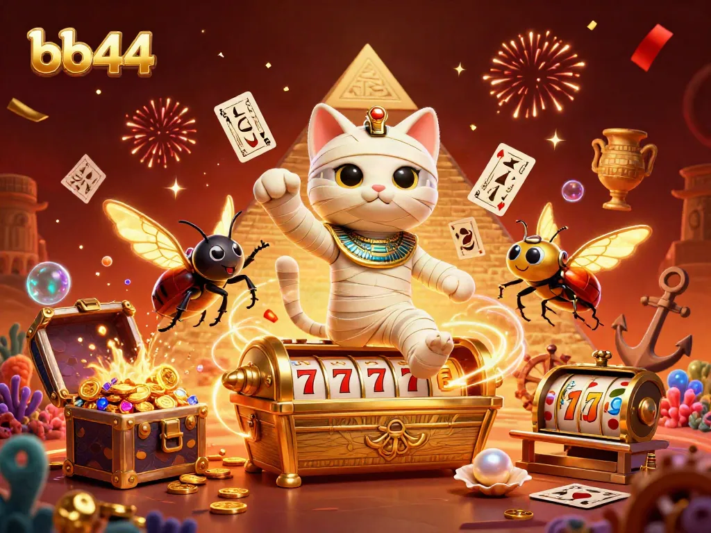 Experience thrilling gameplay with bb44 featuring a lively Egyptian mummy cat and casino elements.