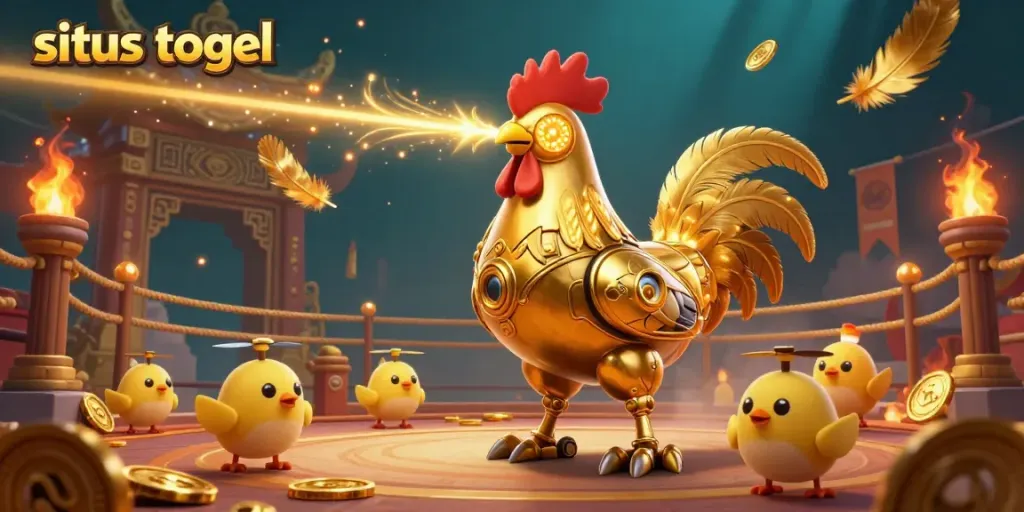 Engage with the vibrant aisles of situs togel featuring a retro golden rooster robot and dynamic drones amidst a festive gambling arena.