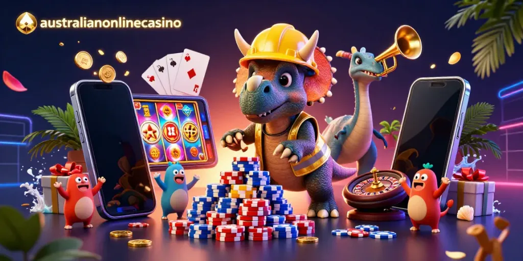 Cheerful 3D cartoon characters celebrating casinos at australianonlinecasino with poker chips, games, and vibrant scenery.
