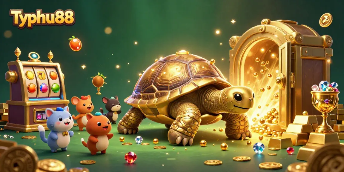 Engage with Typhu88's casino experience featuring a golden tortoise pinball machine in a rich treasure scene.
