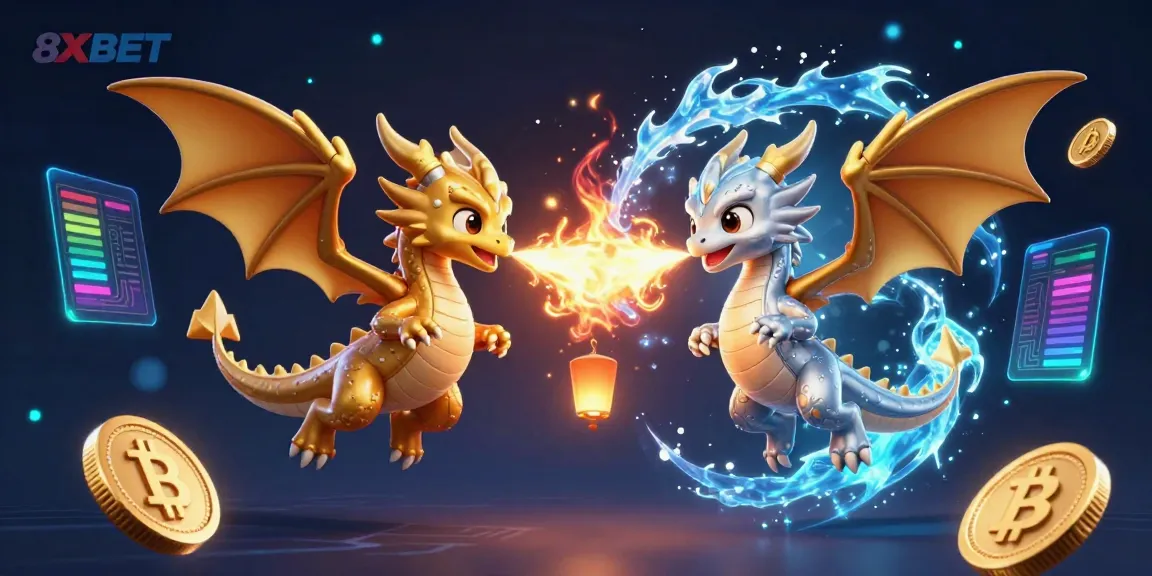 Engage with the energetic realm of 8XBET through a vibrant 3D illustration featuring dynamic dragons and crypto elements.