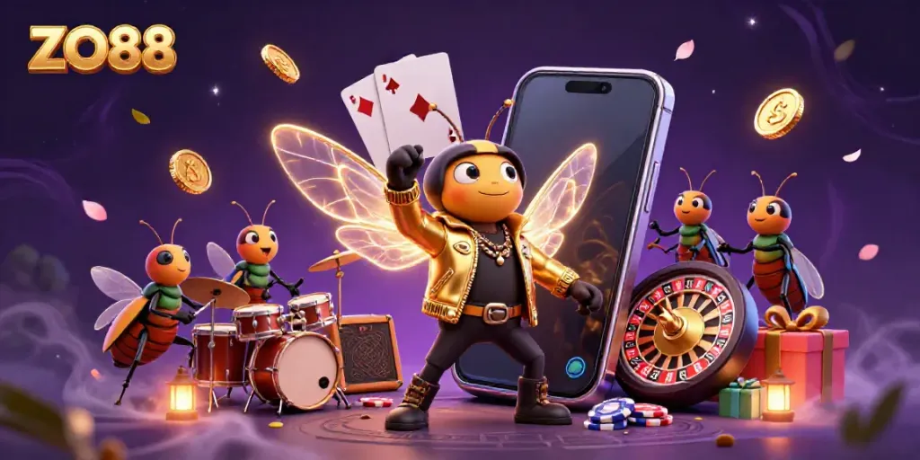 Experience ZO88 gaming adventure with a dynamic scene featuring cartoon stars and casino elements.