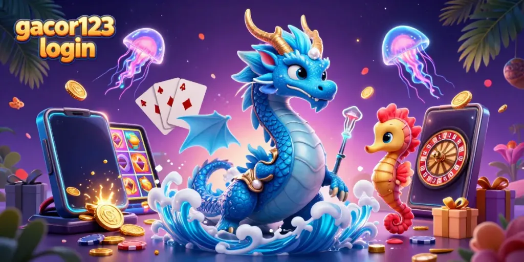 Experience excitement with gacor123 login through a dynamic gambling scene featuring a water dragon and seahorse.