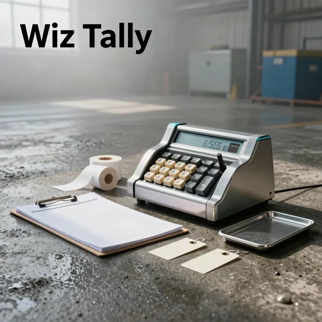 Brushed tally counter, calculator, count sheets, tags, and scale on wet concrete in morning light.