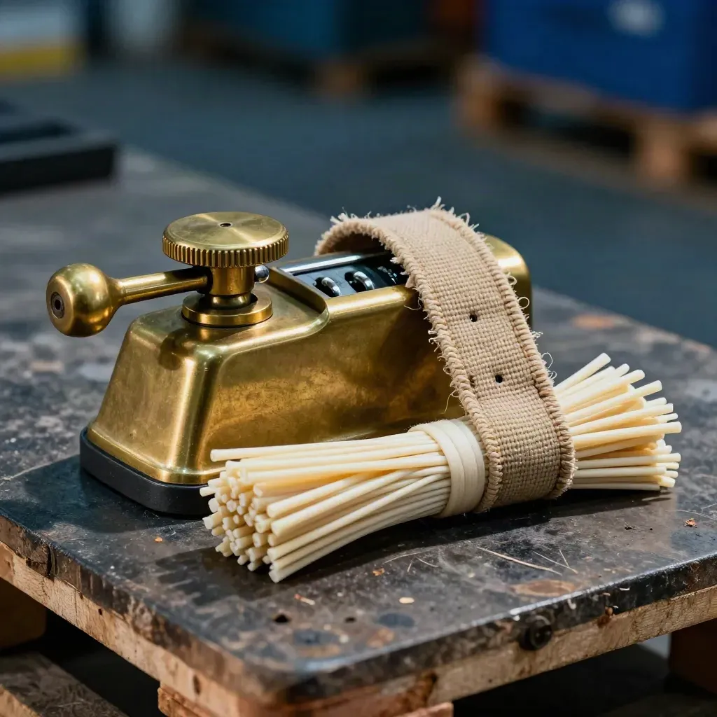 Brass tally counter, frayed crate strap, and zip ties on a dark warehouse work surface.