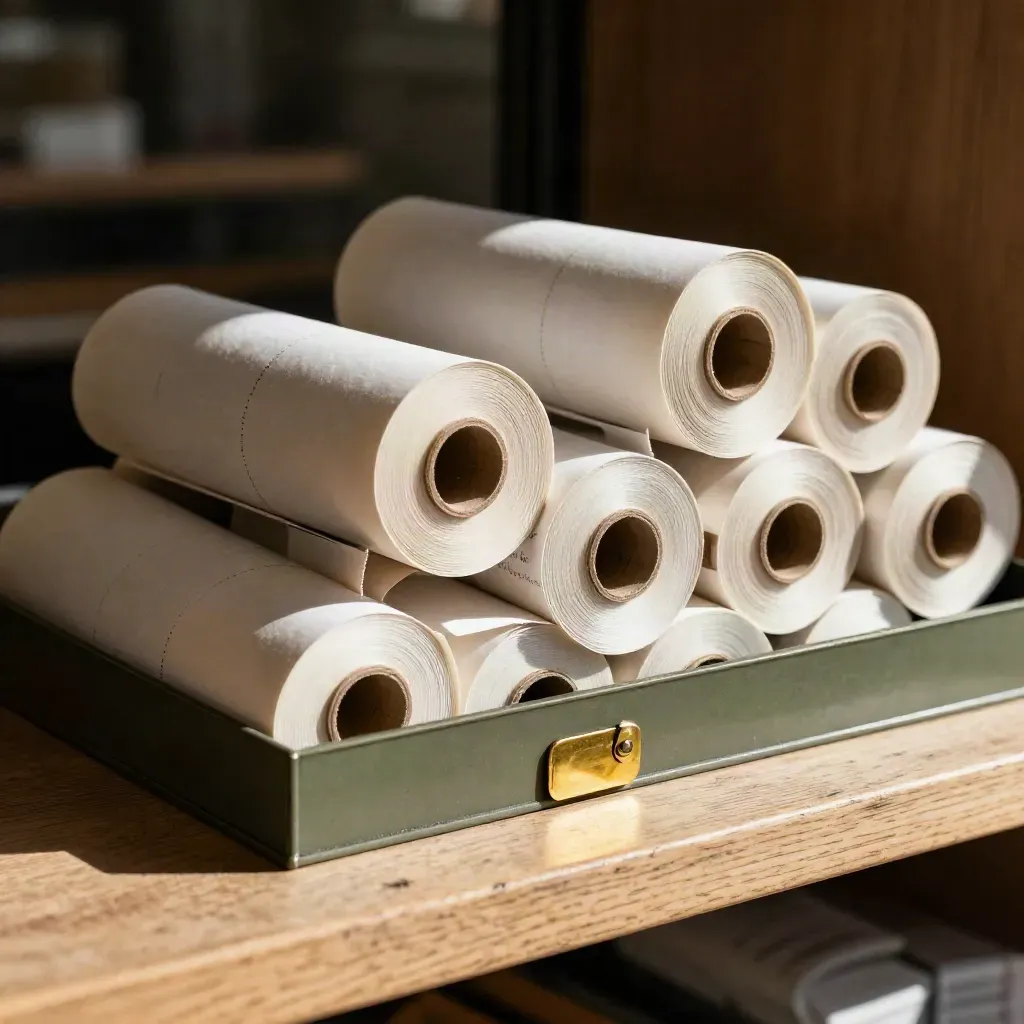 Receipt roll cores, drawer divider, and brass ticket clip on a café shelf in dramatic light.