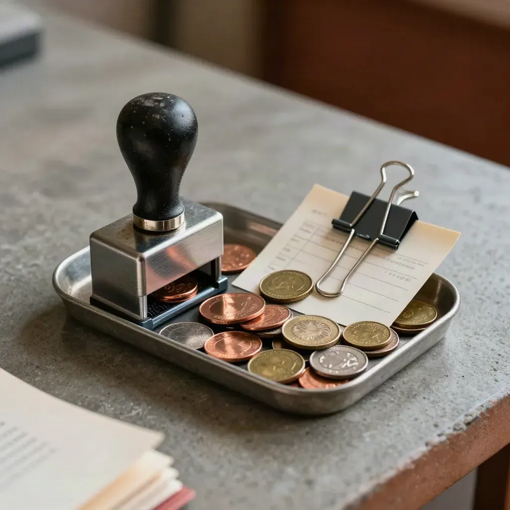 Coin tray, date stamp, and binder clip on a slate-gray workbench in soft side light.