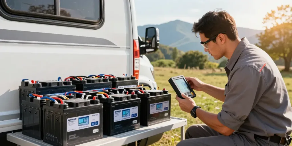 Technician inspecting 12-volt battery system in outdoor RV setting, showcasing reliable power solutions.