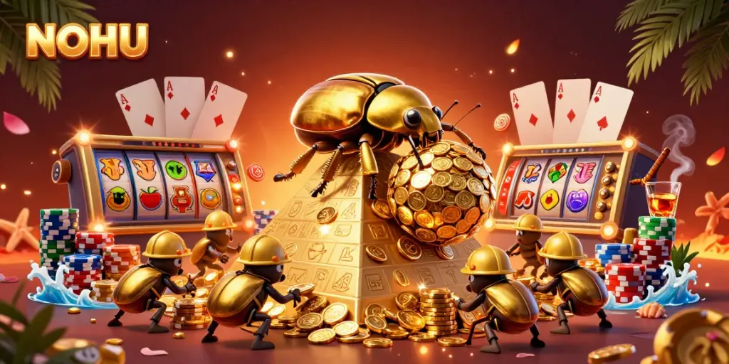 Experience the thrill of NOHU with vibrant golden coins and dynamic slot reels in a casino-themed illustration.