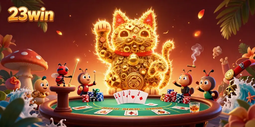 Experience the vibrant world of 23win, showcasing a golden cat and casino symbols in a lively setting.