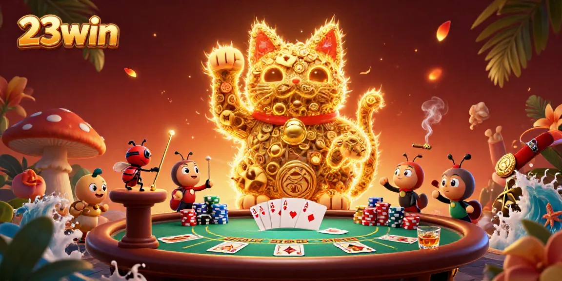 Experience the vibrant world of 23win, showcasing a golden cat and casino symbols in a lively setting.